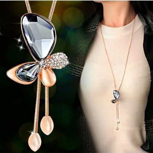 Fashion Vintage Antique Crystal Butterfly Pendant Long Chain Sweater Necklace