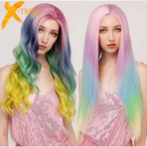 X-TRESS Synthetic Lace Front Wigs For Black/White Women Long Straight Pink Blue Mixed Color Cosplay Lace Wigs 1/2pcs Whole Price
