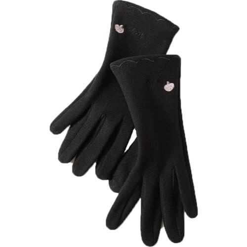 Women Autumn Winter Velvet Cashmere Full Finger Warm Outdoor Sport Cycling Glove Embroidery Touch Screen Driving Mitten F12