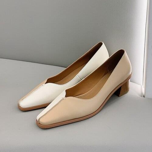 Spring New Style Genuine Leather Cowhide Square Toe Womens Pumps Chunky Middle Heels Two Color Blocking Ladies Single Shoes