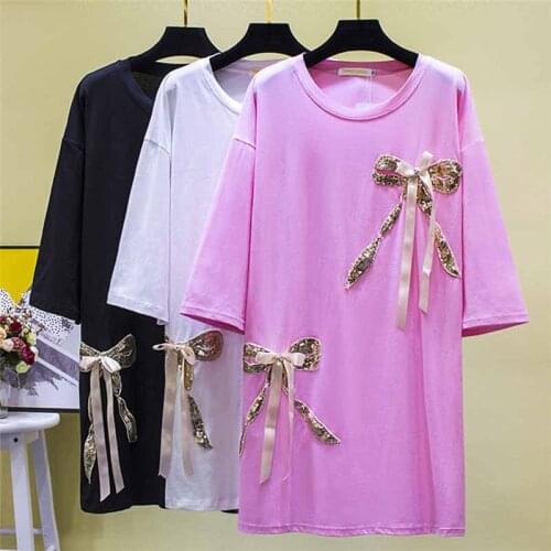 Fashion Super Large size 6XL Summer Dress Women 2019 Round neck Medium Sleeve Bow Cotton Dress Female Loose Solid color Dresses