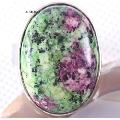 1Pcs Women Men Wedding Ring Jewelry Gift Natural Stone Oval Beads Green Red Zoisite Adjustable Finger Ring Z116