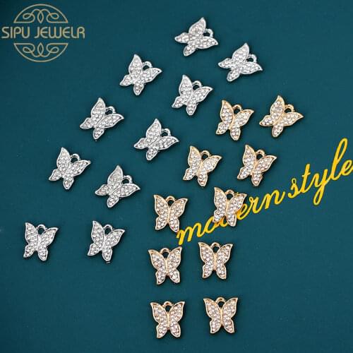 10Pcs Mini Cute Butterfly insect Charms Silver Golden Animal Pendants Full rhinestone Pave DIY jewelry Handmade Earring Necklace