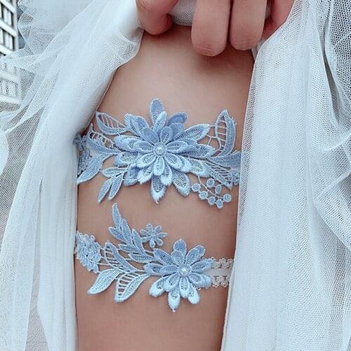 2pcs Wedding Garter Navy Blue Embroidery Floral Sexy Garters Women/Female/Bride Thigh Ring Bridal Lace Leg Ring Loop