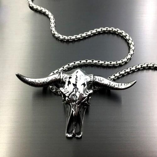 2021 Newest Bull Head Skull Pendant Necklace For Men Fashion Stainless Steel Animal Skeleton Necklace Punk Gothic Biker Jewelry