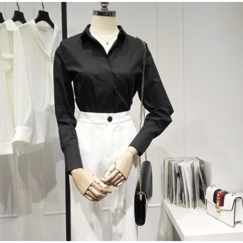 Womens Spring Summer Runway Fashion Black Cotton Shirt Female Casual Loose Office Lady Basic Blouse Tees Tops TB1696