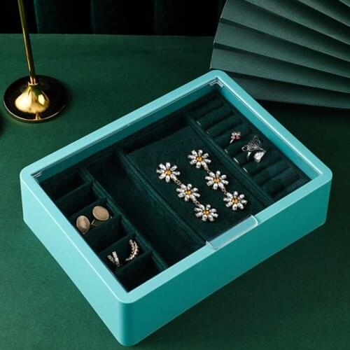 Green Velvet Clear Lid Jewelry Box Organizer Showcase Display Case Storage Ring Earrings Box
