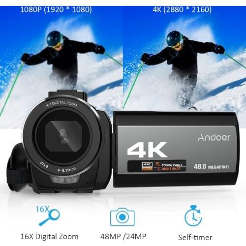 Andoer 4K 48MP WiFi Digital Video Camera Support selfie face detection anti shake DSP loop recording motion detection date stamp