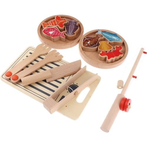 Children Kids Pretend Play Kitchen Wooden Cutting Fishing Set Play House Toy