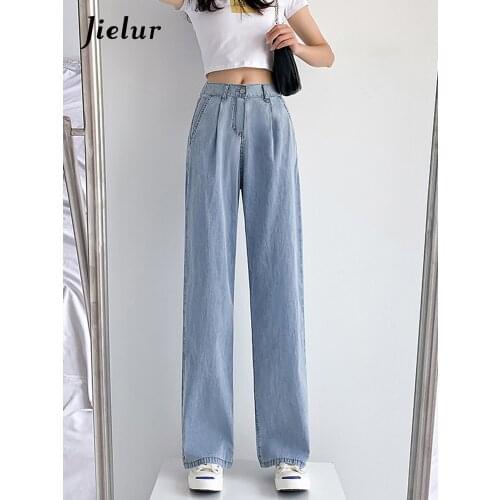 Jielur BlueTencel Wide Leg Jeans for Women 2021 Summer High Waist Thin Ice Silk Womens Pants Washed Button Trouses Female XS-XL