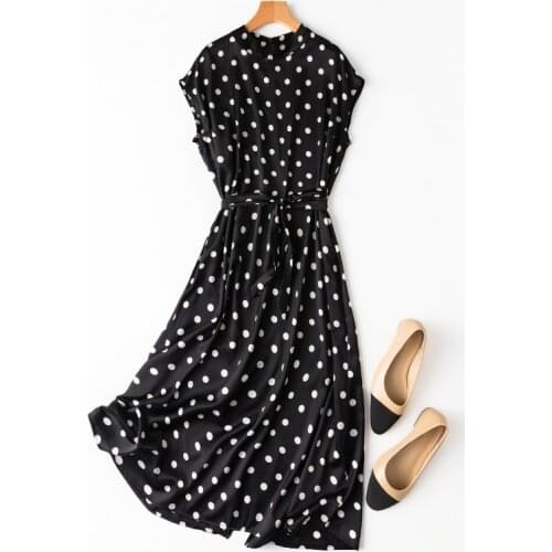 Womens 100% Silk luxury Fashion Heavy Round neck Long Dress Elegant Black White Dots One Size L1068