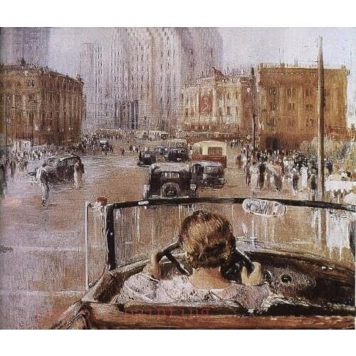 Handmade Modern Landscape View Oil Painting Decorative Hand Painted the New Moscow City Street Woman Drive Car Canvas Acrylic