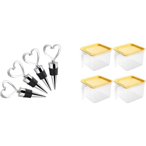 4 Pack Fridge Storage, Stackable Refrigerator Organizer Keeper & 4Pcs Heart Wine Bottle Stoppers, Champagne Colser
