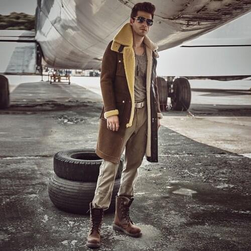 Mens Fur Shearling Sheepskin Genuine Leather Long Coat classic Jacket Male Thick Winter Warm Coat Aviator Coat Outerwear Trench
