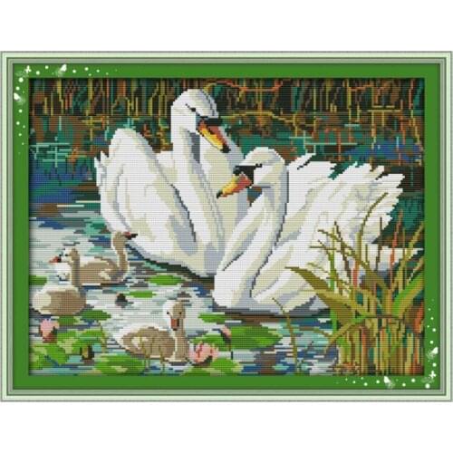 Swans swimming cross stitch kit 14ct 11ct pre stamped canvas cross stitching animal lover embroidery DIY handmade needlework