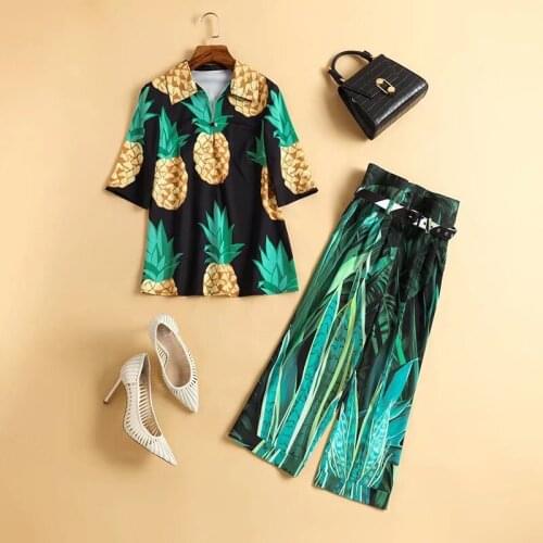 New European and American womens dresses for spring 2020 Pineapple print shirt five-cent sleeve Nine minutes of pants suit