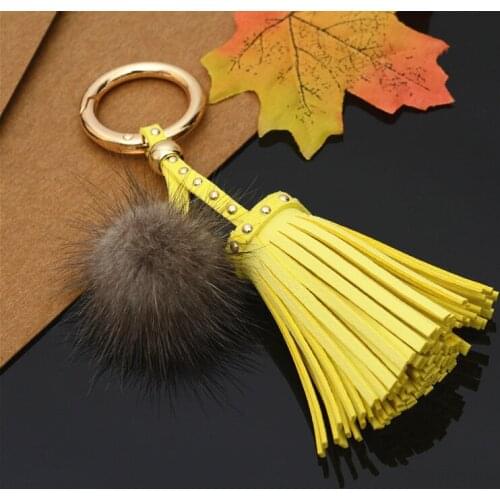 New Fashion Women Girls Keyring Leather Tassel Keychain Fur Ball Pompom Car Fur Pompons Bag Charms With Chains Key Holder Gift