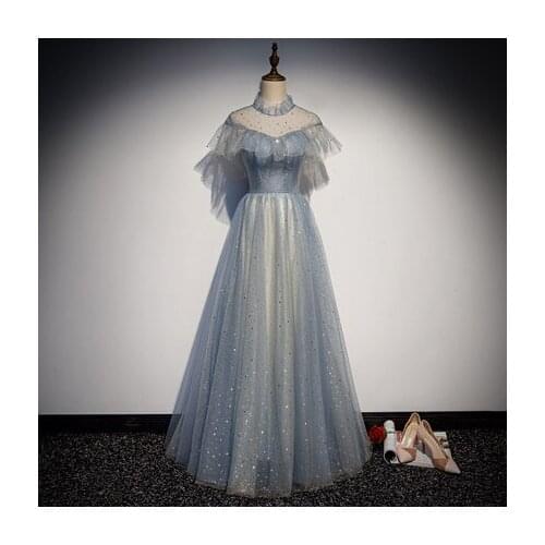 Luxury ruffle stand collar star golden light blue ball gown celebrate royal princess Medieval Renaissance Victorian dress Belle
