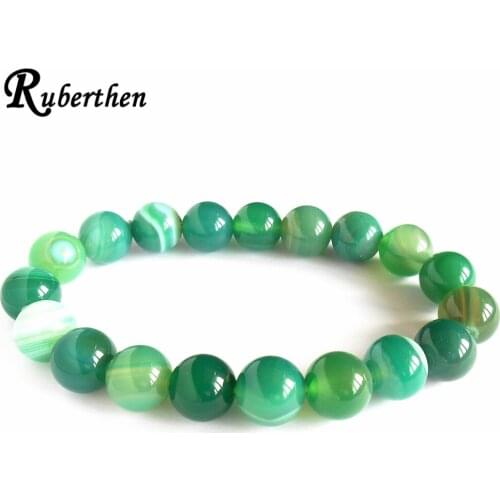 Ruberthen New Design 10mm Green Banded Agates Stretch Bracelet Gem stone Mens Beaded Bracelet Men`s Mala Yoga Bracelet