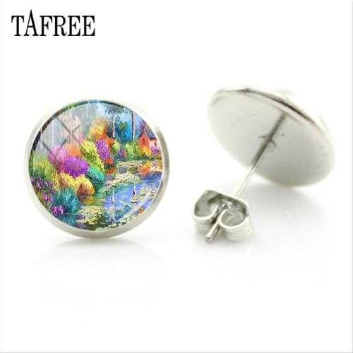 TAFREE 3D Abstract Nature Painting Stud Earring Fashion Popular Silver Color Glass Cabochon Handmade Earrings Jewelry Gifts PT01