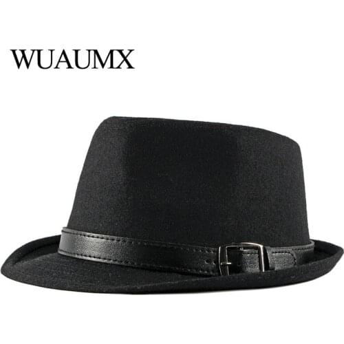 Wuaumx NEW Autumn Winter Retro Jazz Hats Middle aged Men Felt Fedoras Cap For Male Solid Trilby Panama Hat Black Bowler Hats
