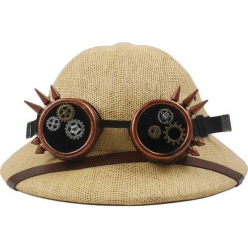 Novelty Straw Steampunk Helmet Pith Sun Hat Women Men Vietnam War Army Hat Steam Punk Glasses Safari Jungle Miners Cap 56-59CM