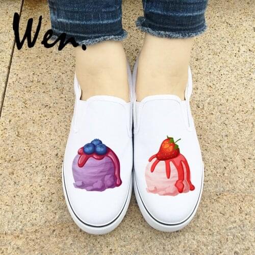 Wen Design Blueberry Strawberry Ice Cream Deliciously Slip On White Black Flats Adult Shoes Canvas Sneakers for Men And Women