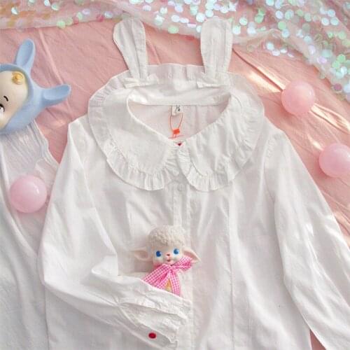Japanese Spring Autumn Women White Lolita Blouse Sweet Cotton Blusas Cute Kawaii Bunny Preppy Style Girl Shirt MH966