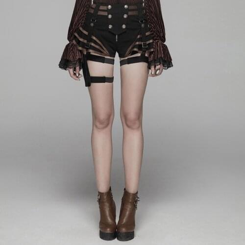 PUNK RAVE Women Steampunk Short Elasticity Jean PU Fabric Adjustable Retro Streetwear Personality Women Summer Short Jeans