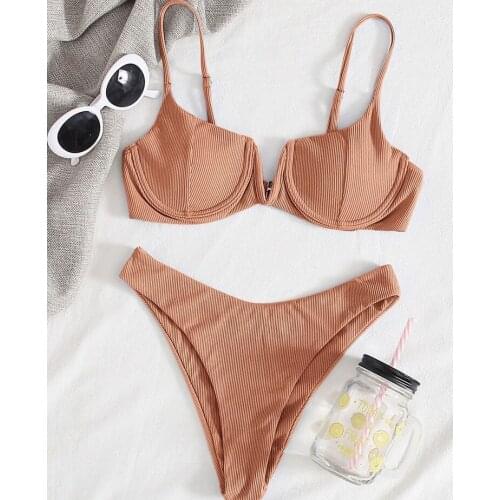 Anibol Low-Cut Deep-V Sexy Bikini Underwire Puh Up Plit Women Swimsuit Simple Solid Color Female Swimwear 2021 Hot Bathing Suit