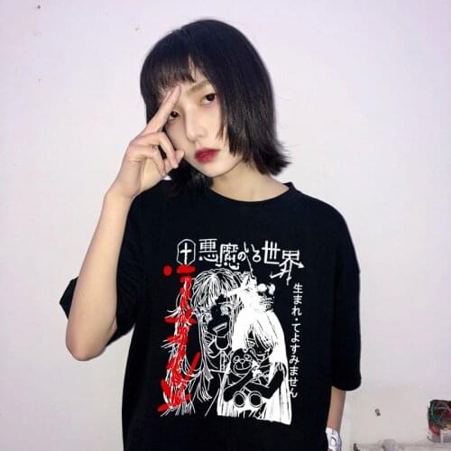 Japanese Demon Print Punk Goth T-shirt Loose Streetwear Harajuku Summer Fashion Female Casual Aesthetic Japan Cartoon Girls Tops