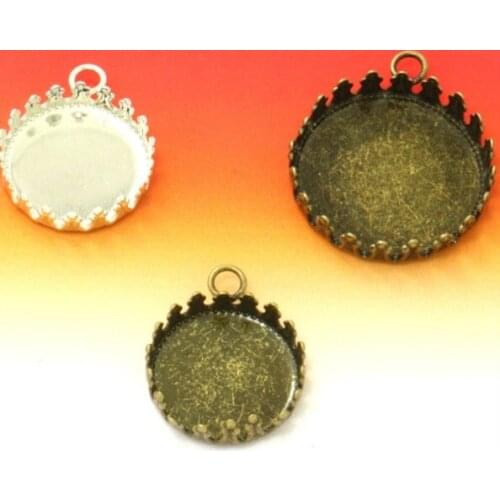 200PCS Silver/Antique Bronze plated 25mm Crown Edge Round Cabochon diamond Setting Pendant Blank Tray Jewelry accessories