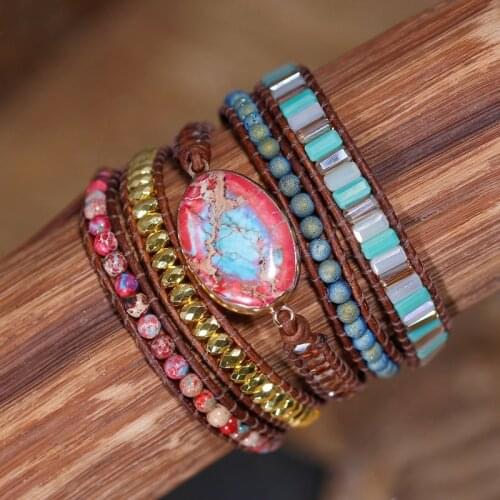 5x woven bead bracelet Bohemian blue natural stone beaded wrap bracelet Statement leather bracelet high end jewelry Dropshipping