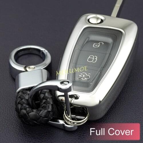 Car Flip Key Fob Case Cover Chain Ring For Ford Focus Escape Kuga Silver