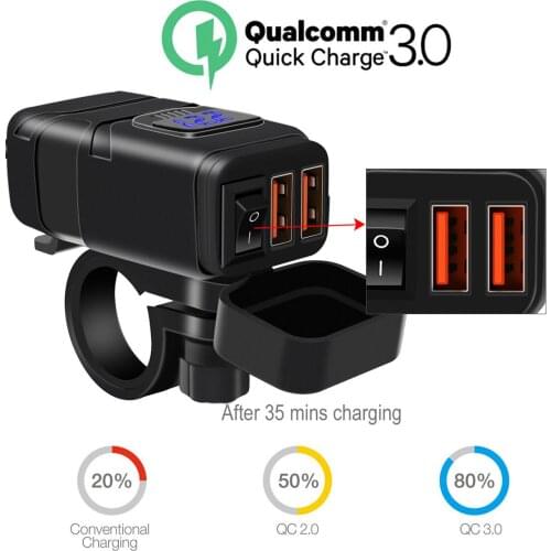 Dual USB QC 3.0 Motorcycle Quick Charge Socket Power Supply Charger Adapter LED Voltmeter On Off Switch for Car ATV Motorbike