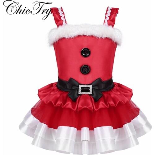 Little Kids Baby Girls Christmas Santa Claus Costume Ruffled Shoulder Straps Faux Fur Bowknot Mesh Tulle Tutu Dress for New Year