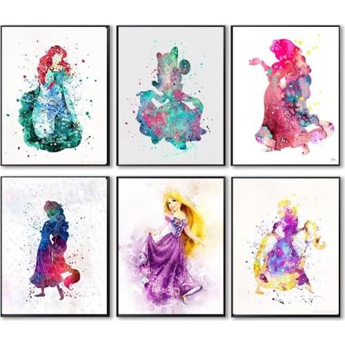 Disney Cartoon Little Mermaid Hua Mu LAN Watercolor Canvas Paintings Posters and Print Nursery Wall Art Picture for Living Room