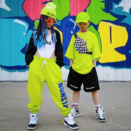 Fluorescent Green Hip Hop Clothes Jazz Modern Dance Costumes Boys Girls Street Dance Wear Children Hip Hop Dance Clothes DQS7265