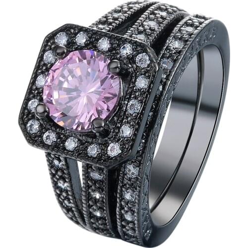 Hainon Vintage Black Gold Color Promise Rings New Fashion Jewelry Gift Princess Pink Cubic zircon Engagement Ring Set for women