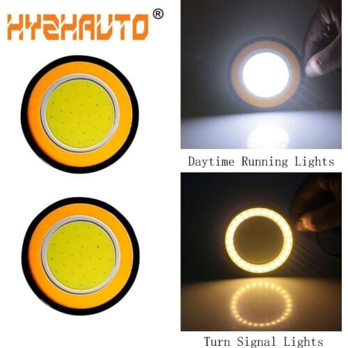 HYZHAUTO 2Pcs Dual Color COB Fog Lamp LED Daytime Running Lights 84mm Auto DRL Turn Signal Light White Amber/Yellow 12V
