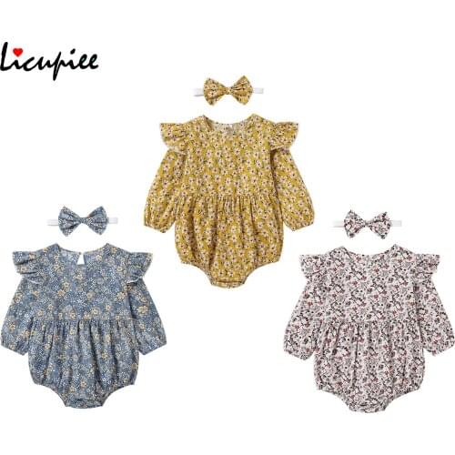 Girls 2pcs Flower Printed Romper Set, Long Fly Sleeve Ruffled Hem Triangle Bodysuit with Headband for Spring and Autumn