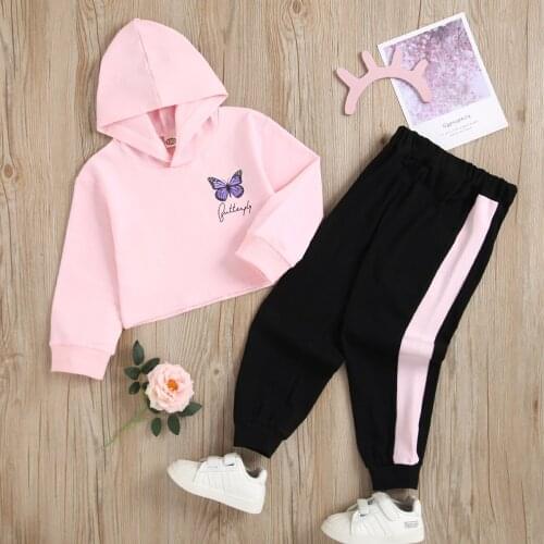 PatPat 2-piece Toddler Girl Letter Butterfly Print Pink Hoodie and Colorblock Elasticized Pants Set