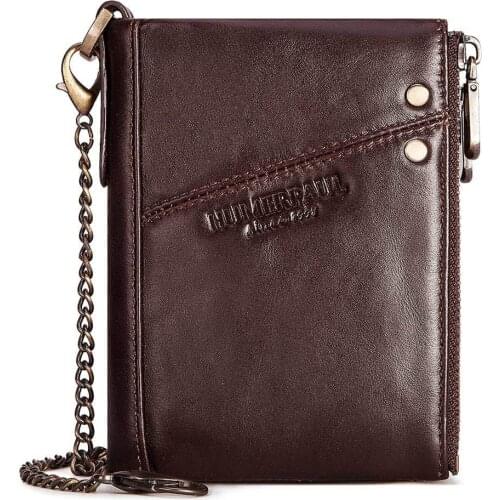 Genuine Leather Mens Double Zipper Chain Wallet RFID Blocking Wallets Multi Function Male Retro Coin Purse Card Holder Billfold