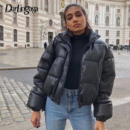 Darlingaga Streetwear Cropped Faux PU Leather Jacket Women Parkas Turtleneck Bubble Thick Winter Coat Ladies Overcoat Autumn New