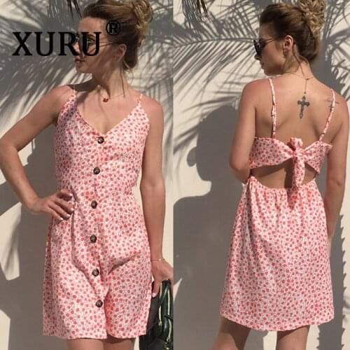 XURU New Summer Dresses Single Row Button Print Sling Dress Backless Bandage Bow Beach Dress