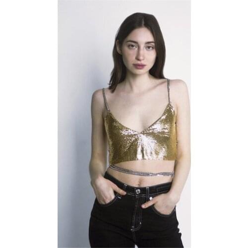 Summer Night Club Sexy Backless Silver Gold Leopard Metal Camis Women Brand Metallic Vest Shirt Crop Top Strap Camis Body Chain