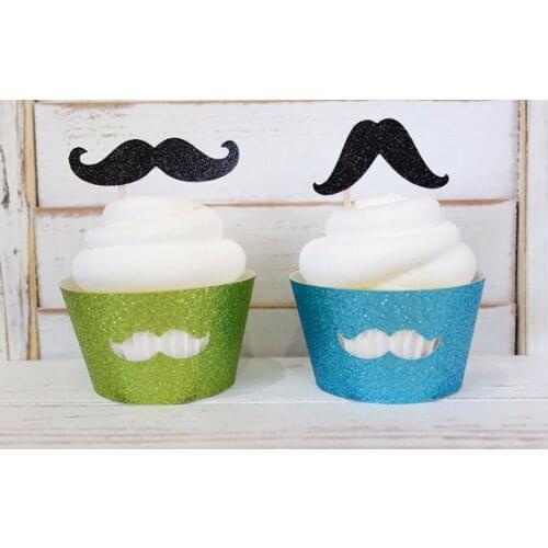 Glitter Little Man Mustache Cupcake Wrappers and Toppers set holders boy birthday wedding baby shower Supplies