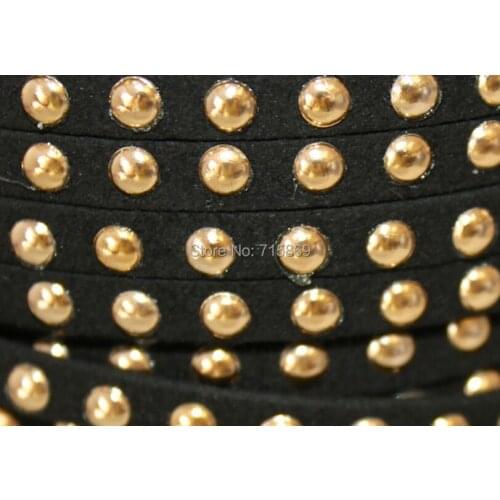 New Arrive 100 Meters BLACK 5 x1.5mm Microfiber Flat Faux Suede LeatherLace Cord w/ Gold Rivet Accents