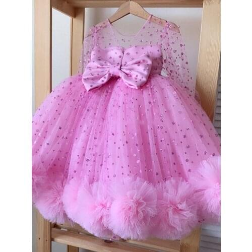 Real Picture Long Sleeve Girls Clothes Beaded Tulle Big Bow Princess Wedding Party Gown Kids Clothing Size 1-14Y