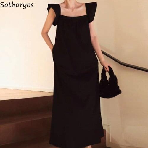 Simple Women Black Dresses Sleeveless Square Collar Females Midi Dress Elegant Solid Leisure Teens Holiday Petal Street Stylish